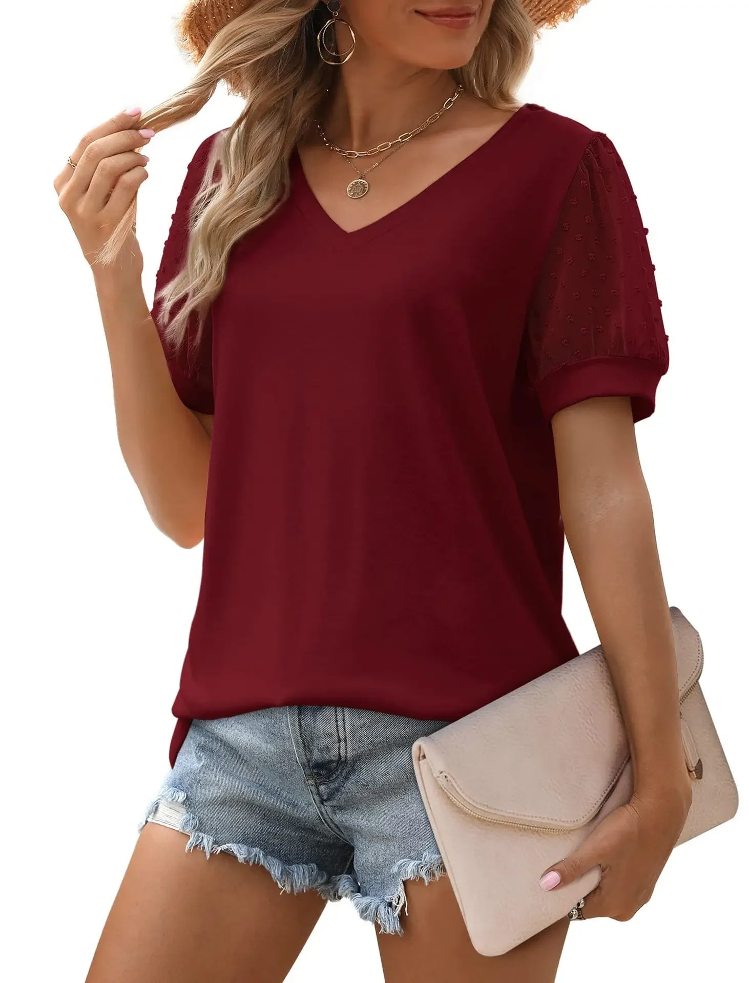 Women's Elegant V-neck Blouse With Sheer Puff Sleeves