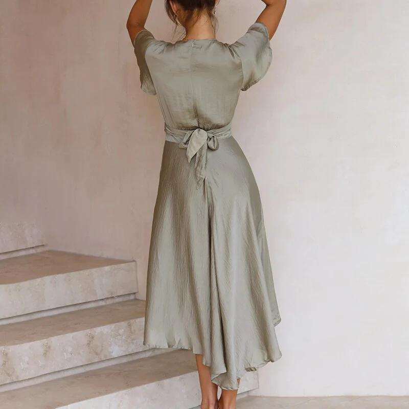Women's Midi Dress With Flutter Sleeves And Deep V-neck
