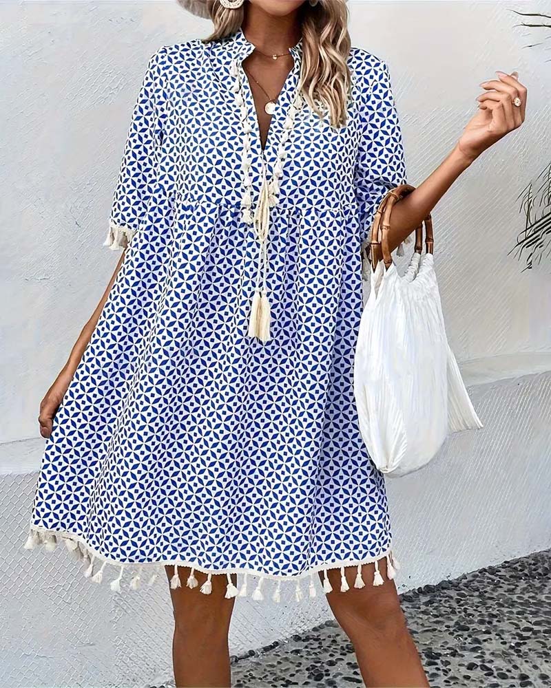 Women's Summer Printed Mini Dress with Tassels & Short Sleeves