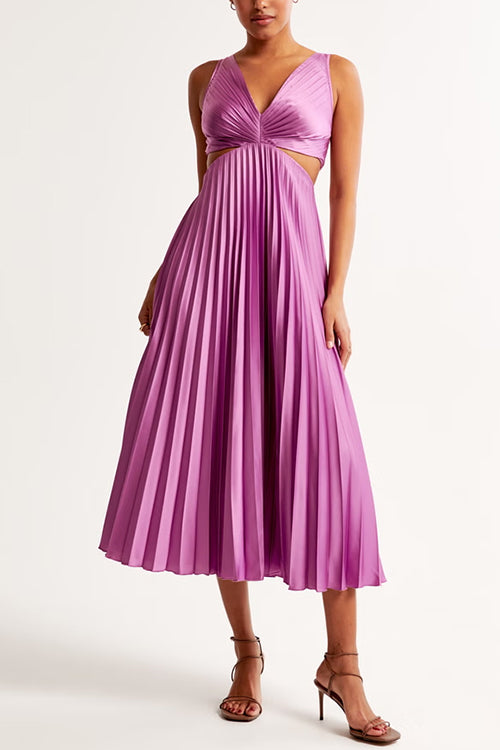 Women's Elegant Pleated Midi Dress With V-neck