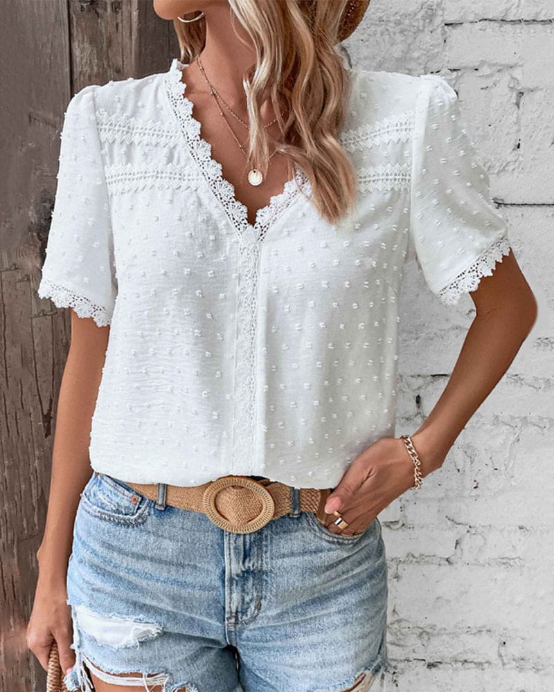 Women's Summer Blouse With V-neck And Lace Trim