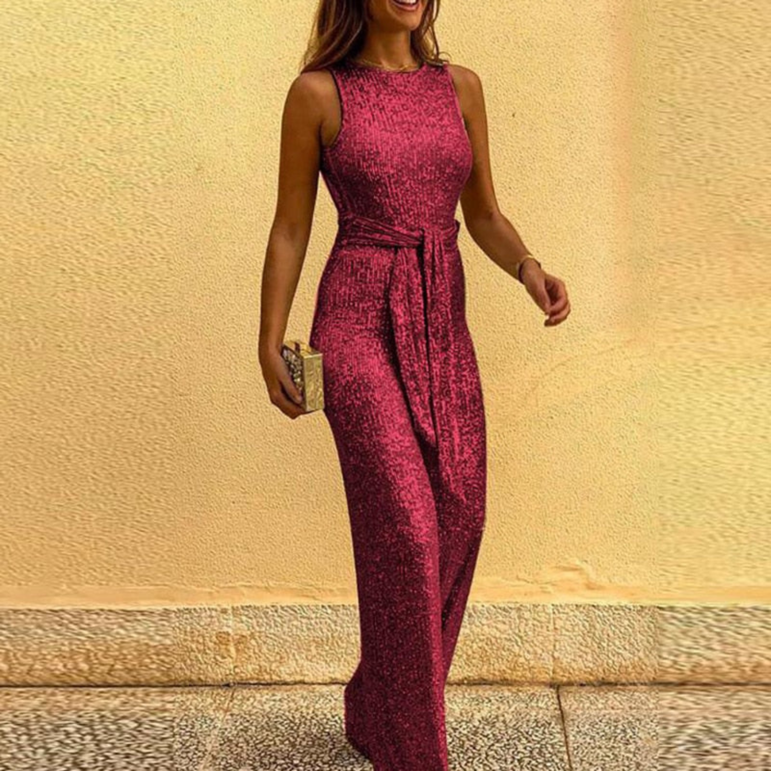 WOMEN'S SEQUIN SLEEVELESS JUMPSUIT WITH TIE WAIST