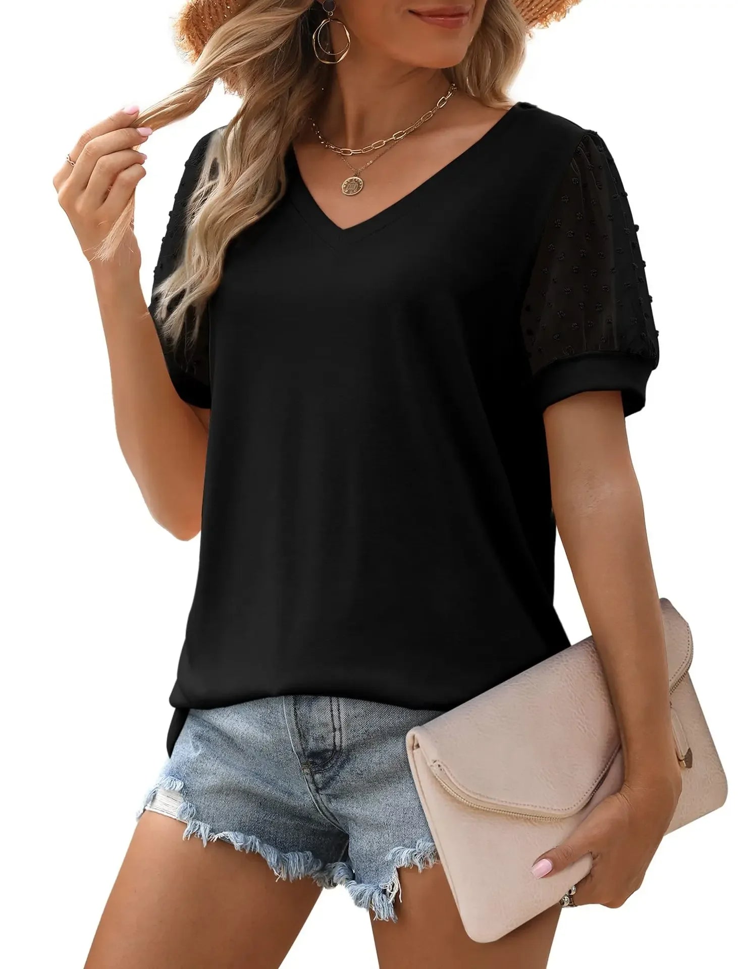 Women's Elegant V-neck Blouse With Sheer Puff Sleeves