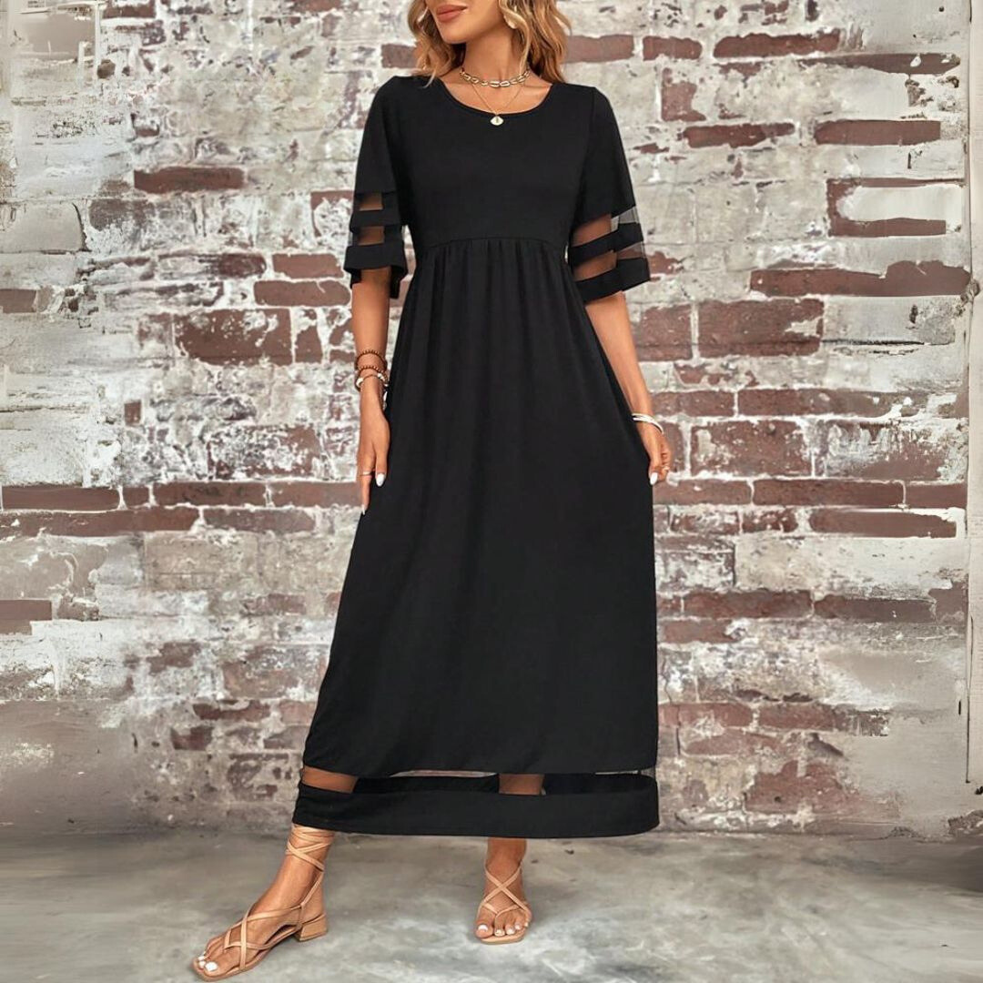 Women's Maxi Dress With Sheer Panel Sleeves & Round Neck