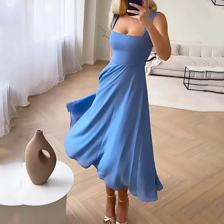 Women's Summer Midi Dress with Square Neckline & Sleeveless Design