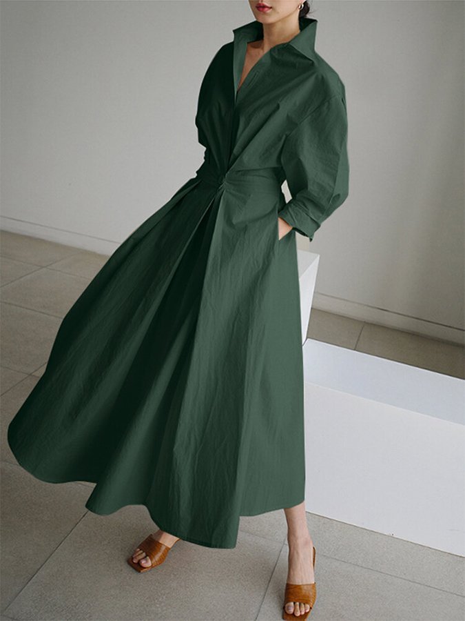 Women's Long Sleeve Shirt Dress With Collar And Tied Waist