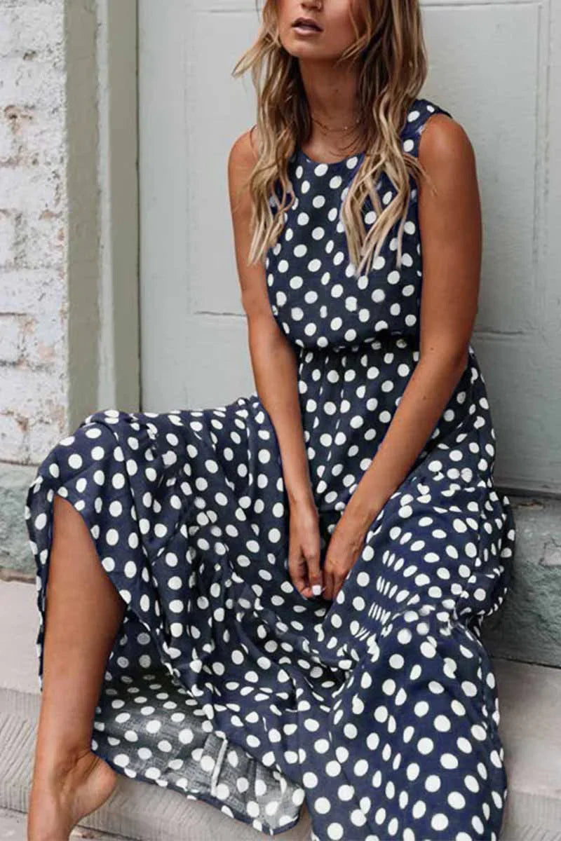 Women's Polka Dot Maxi Dress With Sleeveless Design