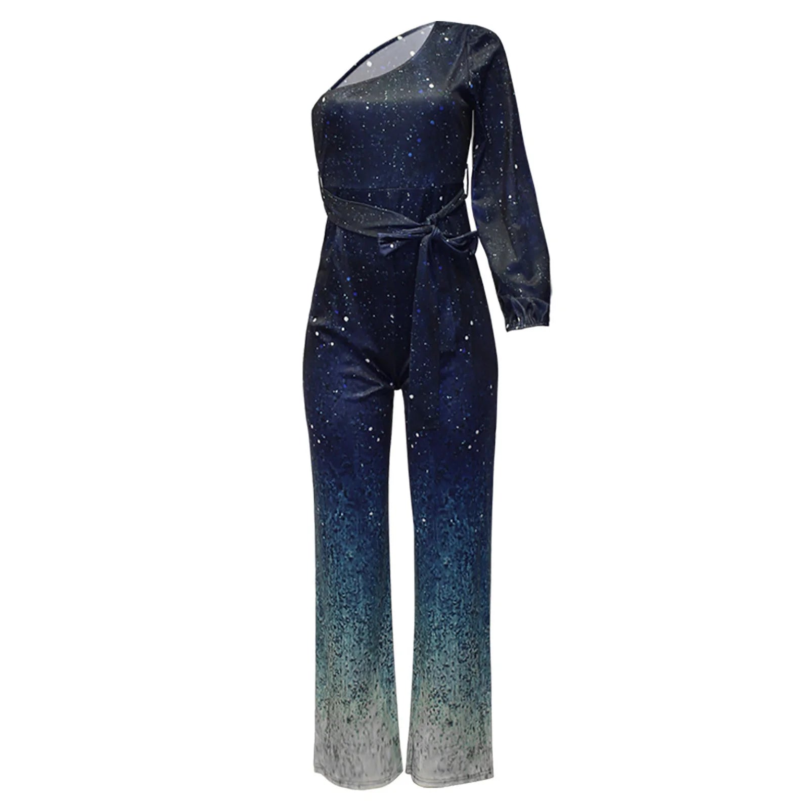 WOMEN'S ONE SHOULDER SEQUIN JUMPSUIT WITH FLARED LEGS