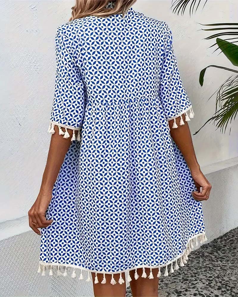 Women's Summer Printed Mini Dress with Tassels & Short Sleeves