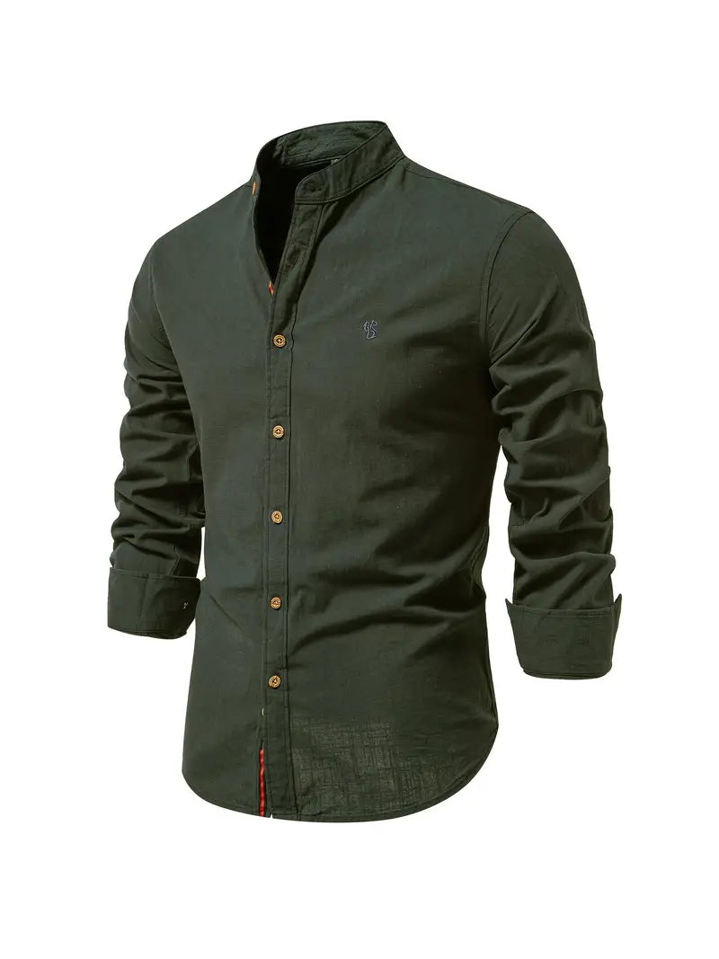 Men's Classic Long Sleeve Button-up Shirt With Mandarin Collar