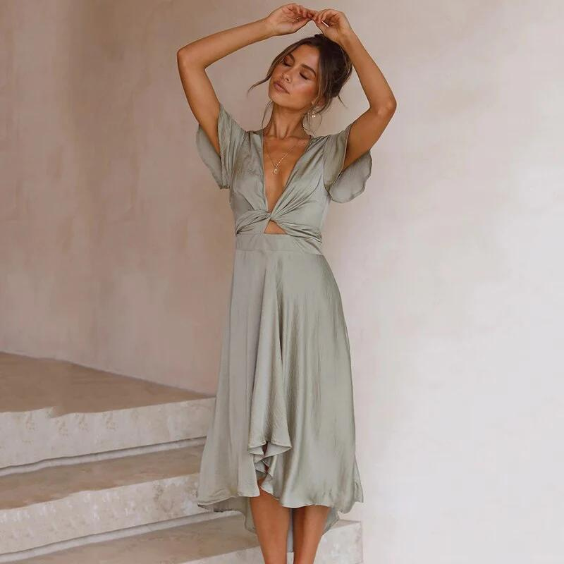 Women's Midi Dress With Flutter Sleeves And Deep V-neck