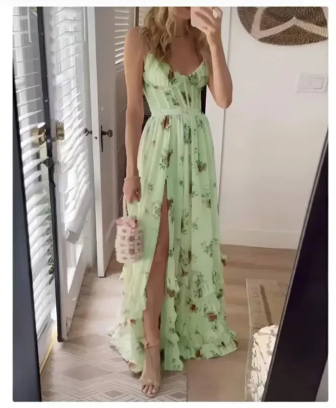 Women's Floral Chiffon Maxi Dress With Front Slit
