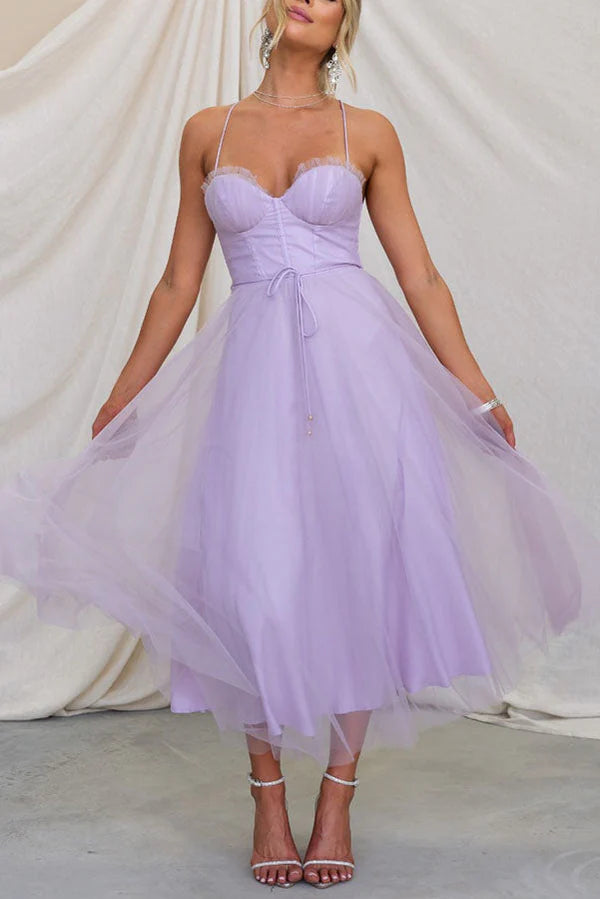 Women's Corset Midi Dress With Tulle Skirt & Spaghetti Straps
