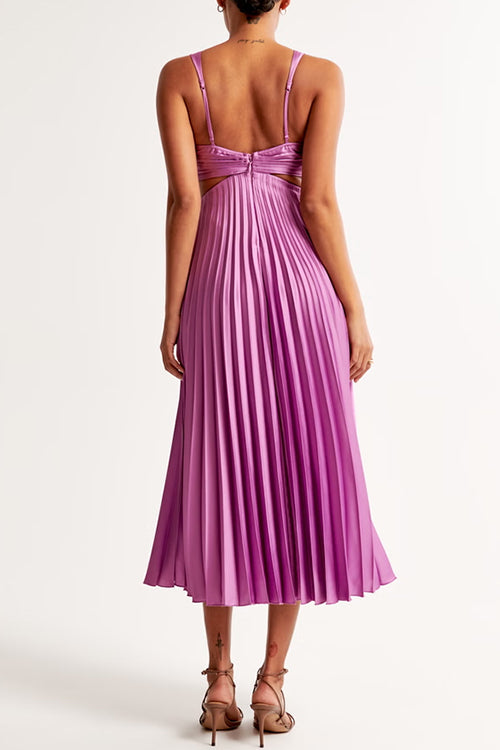 Women's Elegant Pleated Midi Dress With V-neck