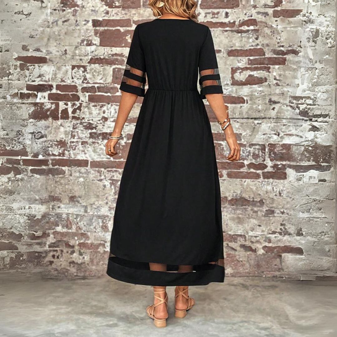 Women's Maxi Dress With Sheer Panel Sleeves & Round Neck