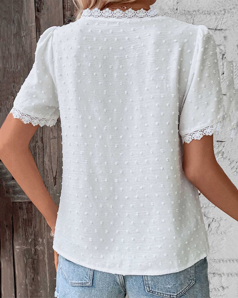 Women's Summer Blouse With V-neck And Lace Trim