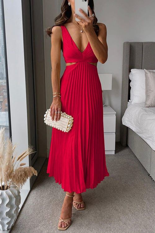 PLISSÉ POLYESTER MIDI DRESS
