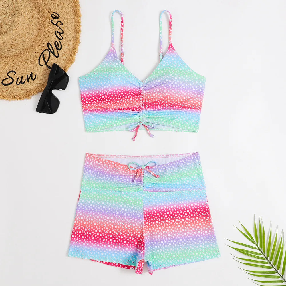 Women's Floral High-waisted Bikini Set With Ruched Top