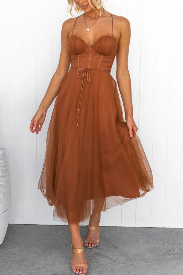 Women's Corset Midi Dress With Tulle Skirt & Spaghetti Straps