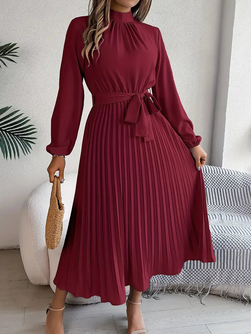 Women's Pleated Midi Dress With Long Sleeves And Belted Waist