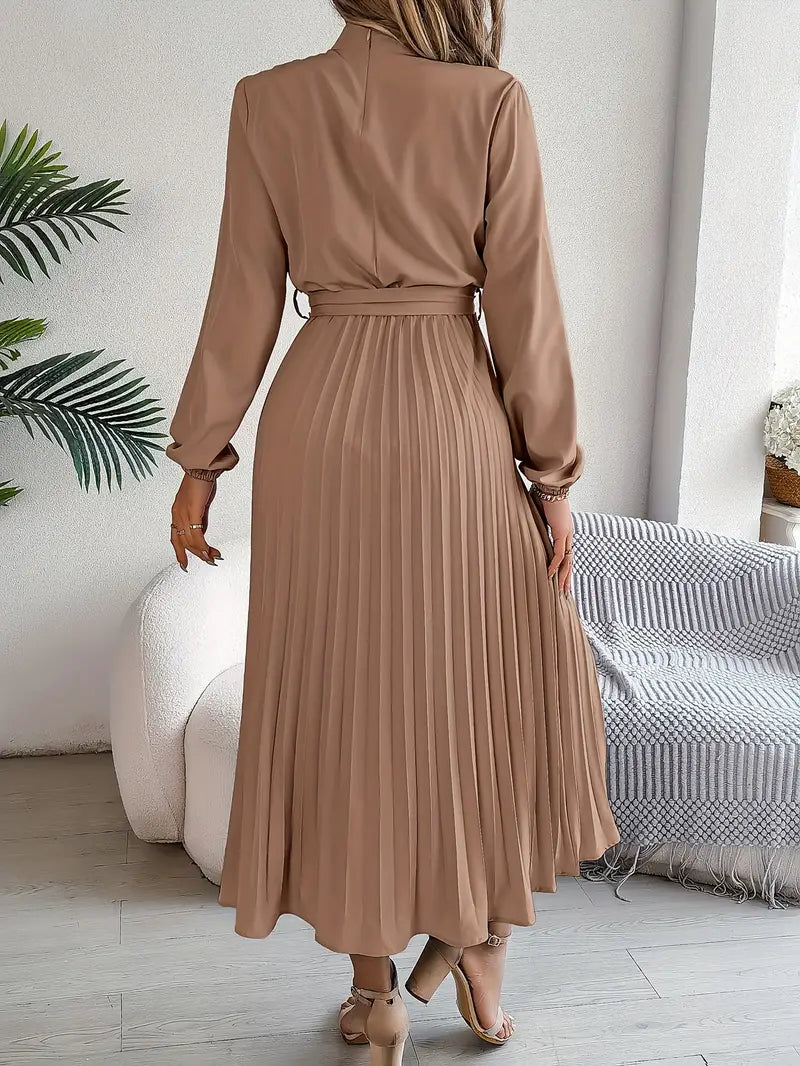 Women's Pleated Midi Dress With Long Sleeves And Belted Waist