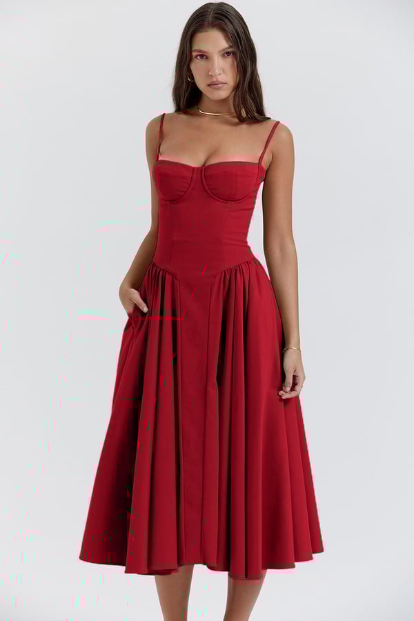 Women's Summer Midi Dress With Strapless Neckline & Pleated Skirt