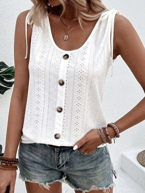 Women's Summer Sleeveless Blouse With Button Front & Eyelet Detail