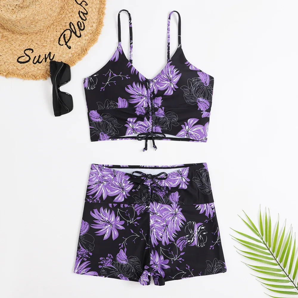 Women's Floral High-waisted Bikini Set With Ruched Top