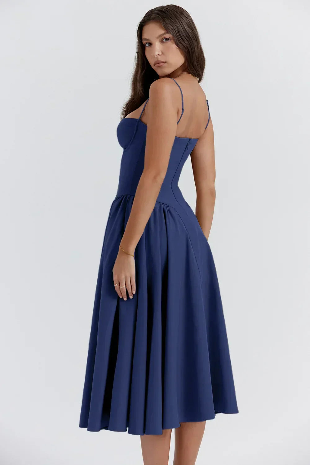 Women's Summer Midi Dress With Strapless Neckline & Pleated Skirt
