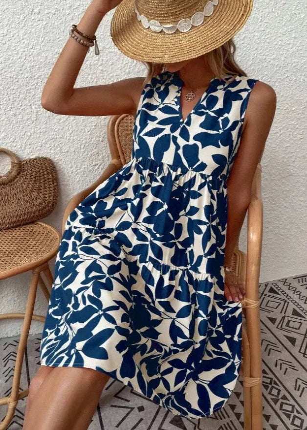 Women's Sleeveless Floral Summer Mini Dress With V-neck