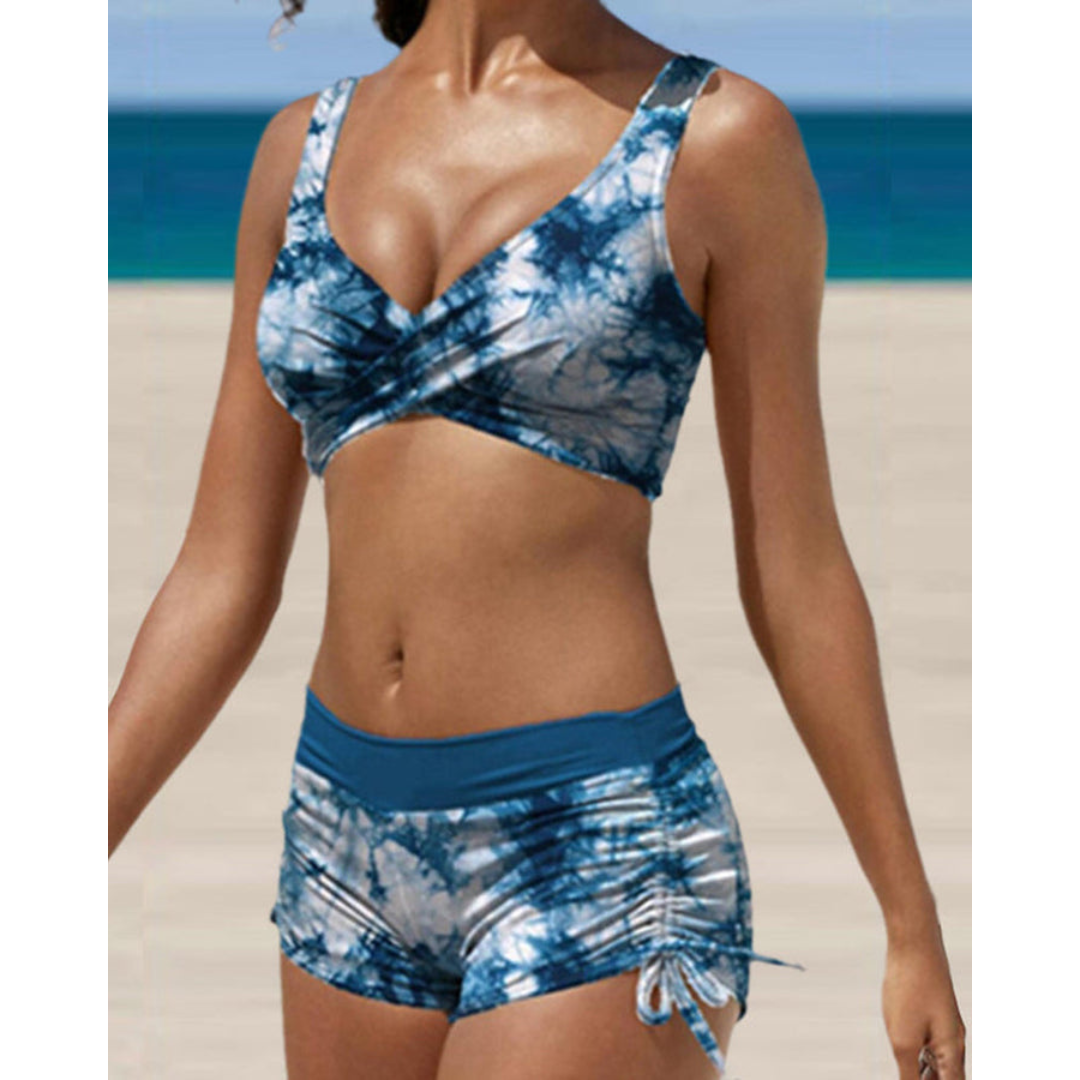 Women's Two-piece Bikini Set With Crossed Top And Ruched Shorts