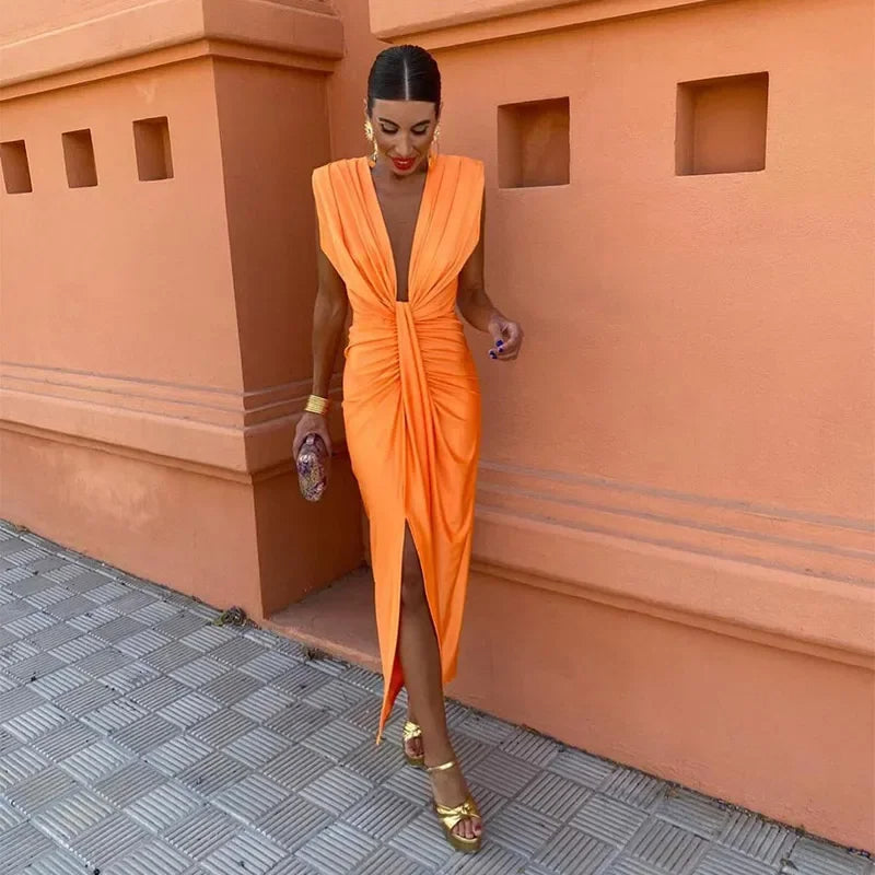 Women's Ruched Maxi Dress With Plunging Neckline And Front Slit