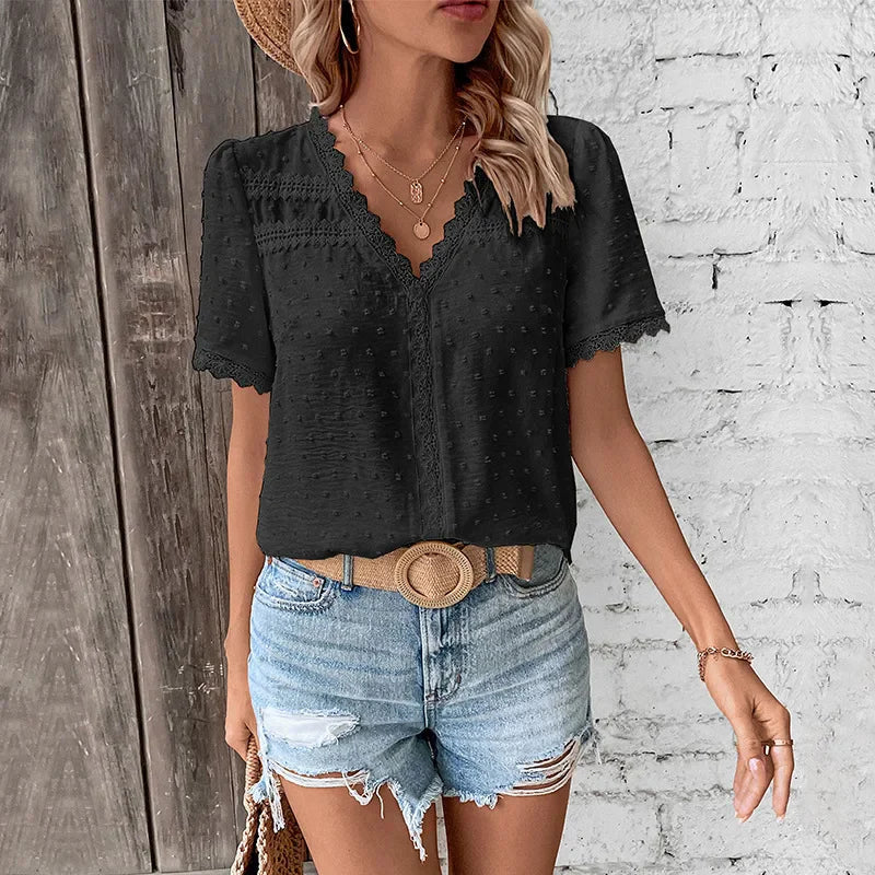 Women's Lace Blouse With V-neck And Short Sleeves