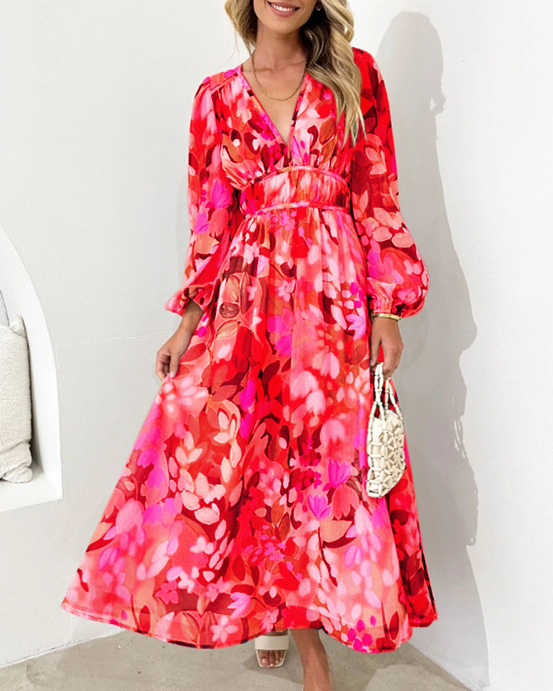 Midi Floral Dress with V-Neck and Long Sleeves