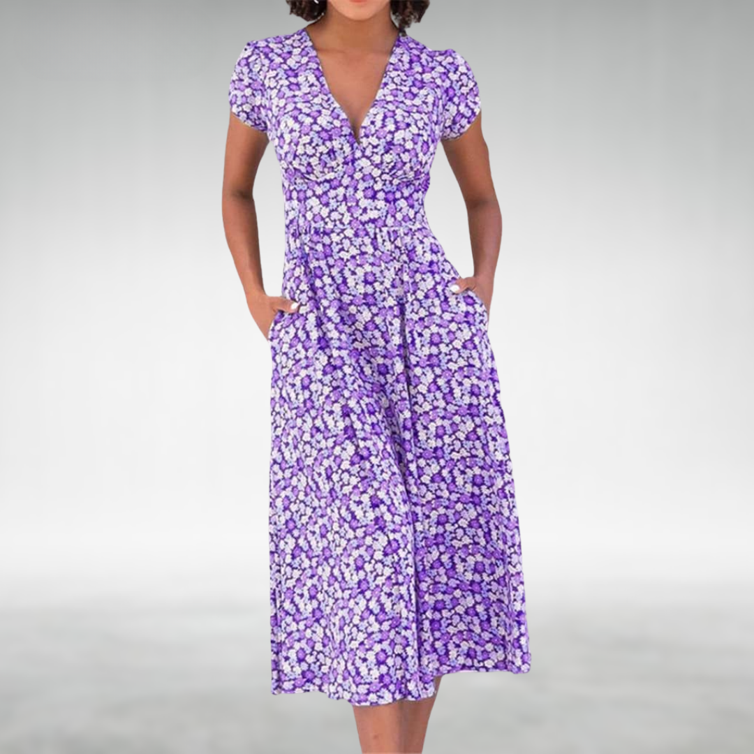 Women's Floral Summer Midi Dress With V-neck And Short Sleeves