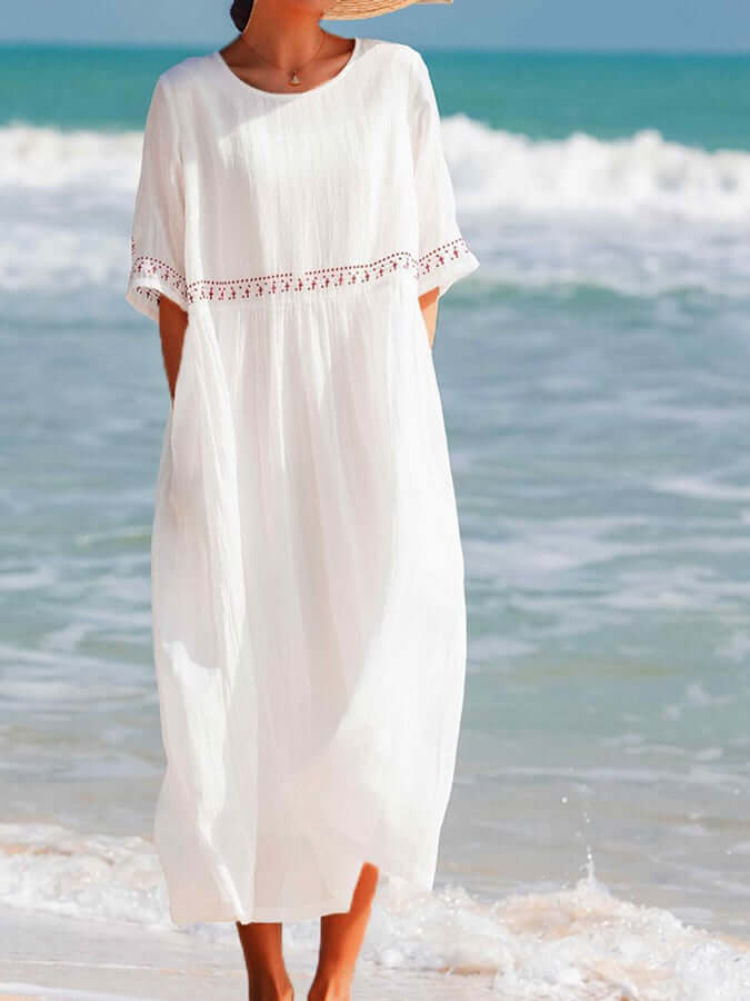 Women's Boho Midi Dress With Half Sleeves & Embroidered Detail