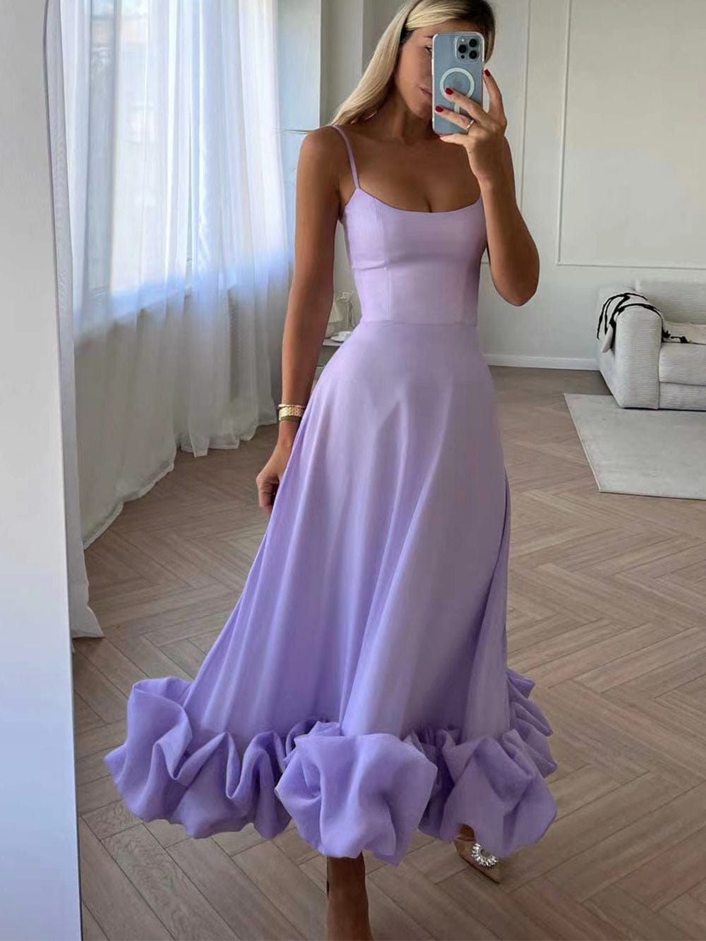 Women's Formal Midi Dress With Spaghetti Straps & Ruffled Hem