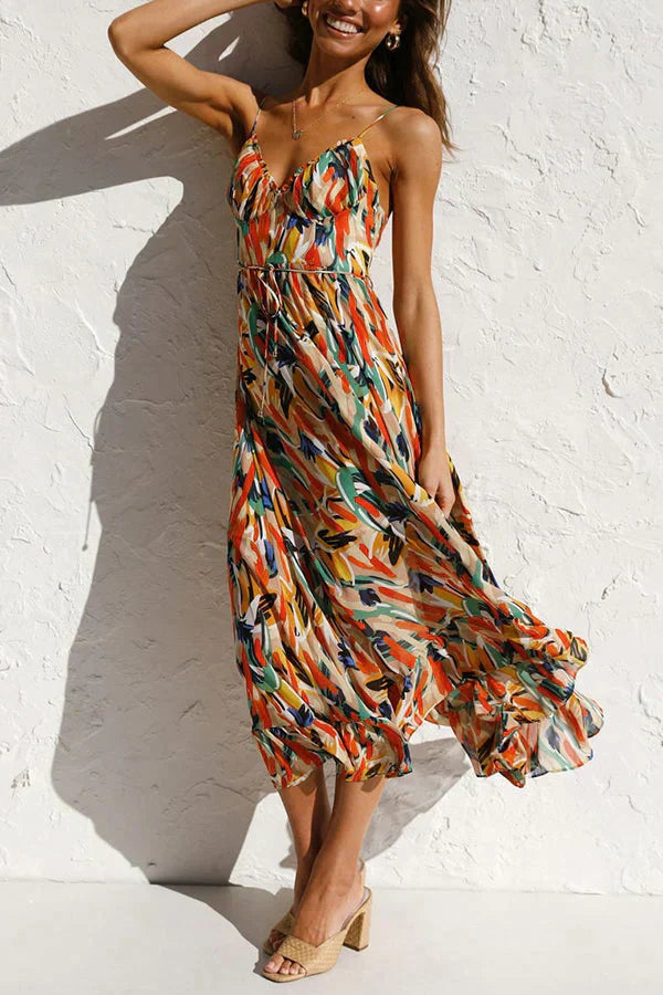 WOMEN'S MIDI SUMMER DRESS – LIGHTWEIGHT CHIFFON, RELAXED FIT, V-NECK WITH PRINT