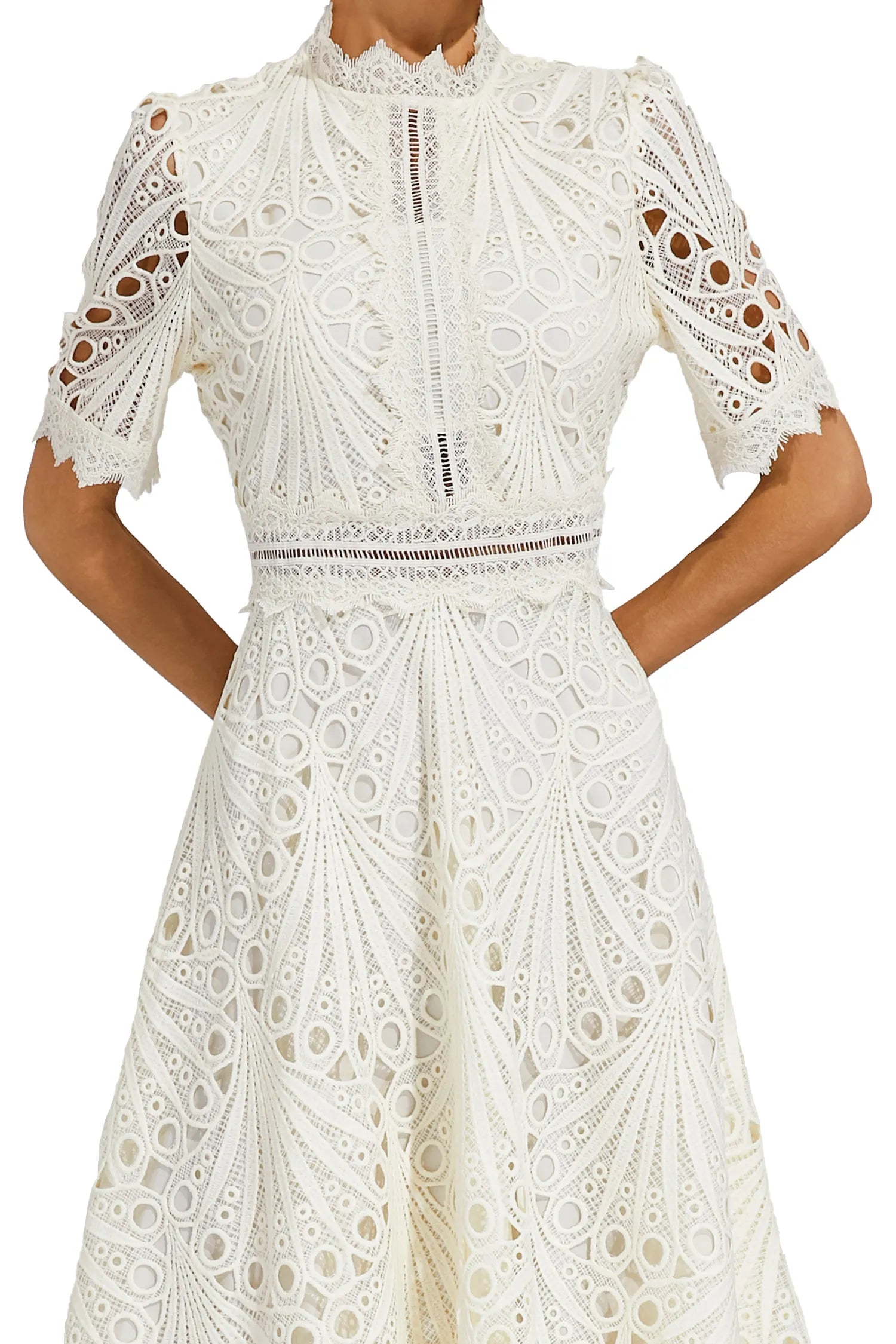 Women's Lace Midi Dress With High Neck And Short Sleeves