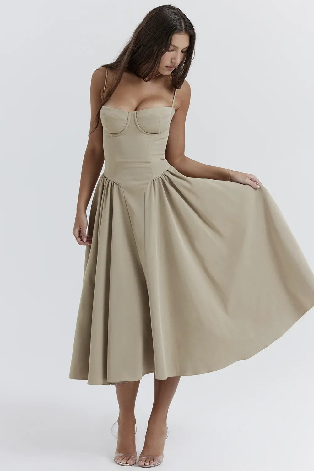Women's Summer Midi Dress With Strapless Neckline & Pleated Skirt