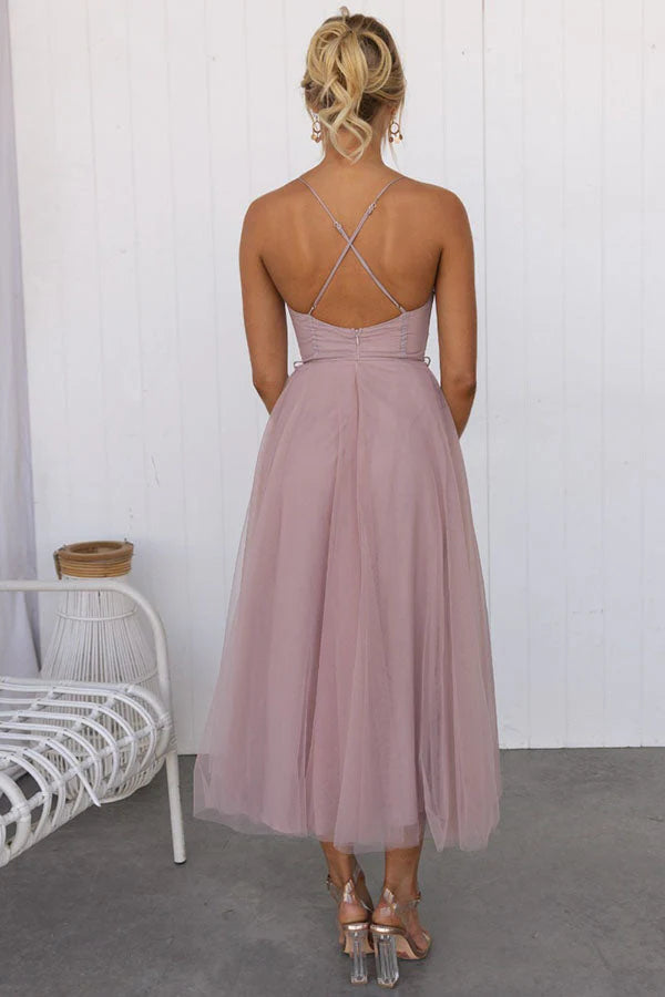 Women's Corset Midi Dress With Tulle Skirt & Spaghetti Straps