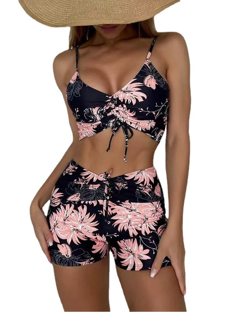 Women's Floral High-waisted Bikini Set With Ruched Top