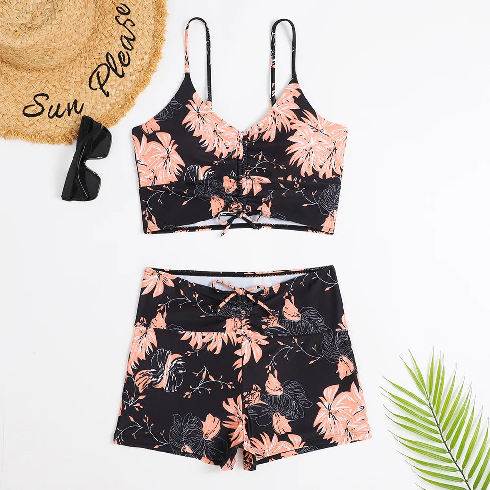 Women's Floral High-waisted Bikini Set With Ruched Top