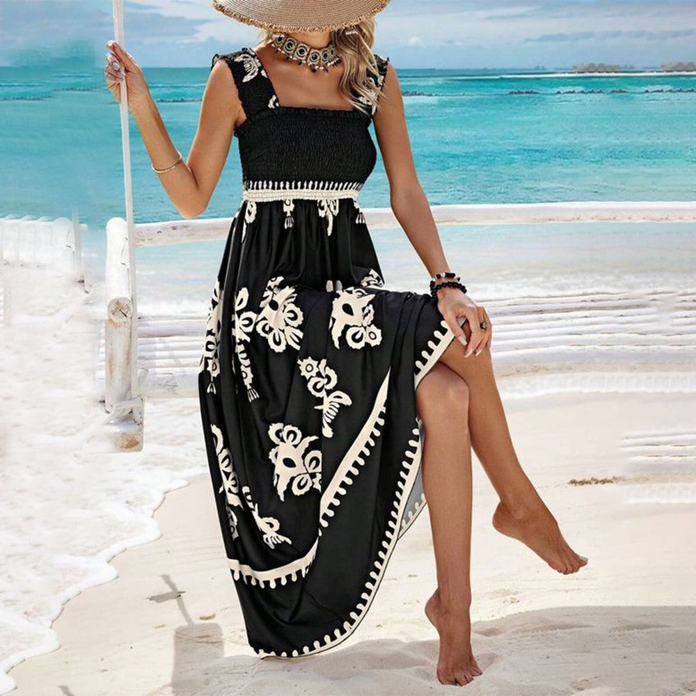 WOMEN'S BOHO MAXI DRESS WITH SQUARE NECK AND SLEEVELESS