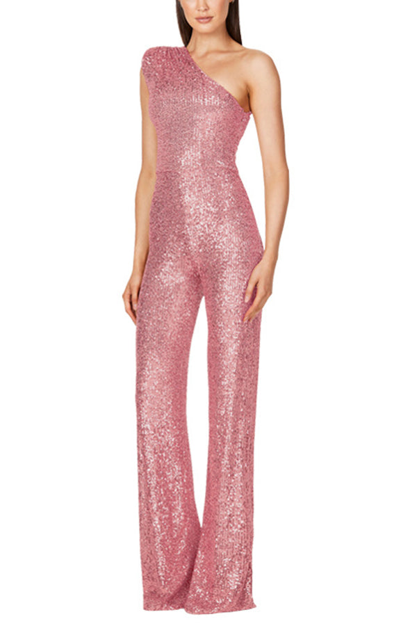 WOMEN'S SEQUIN ONE SHOULDER JUMPSUIT WITH WIDE LEG