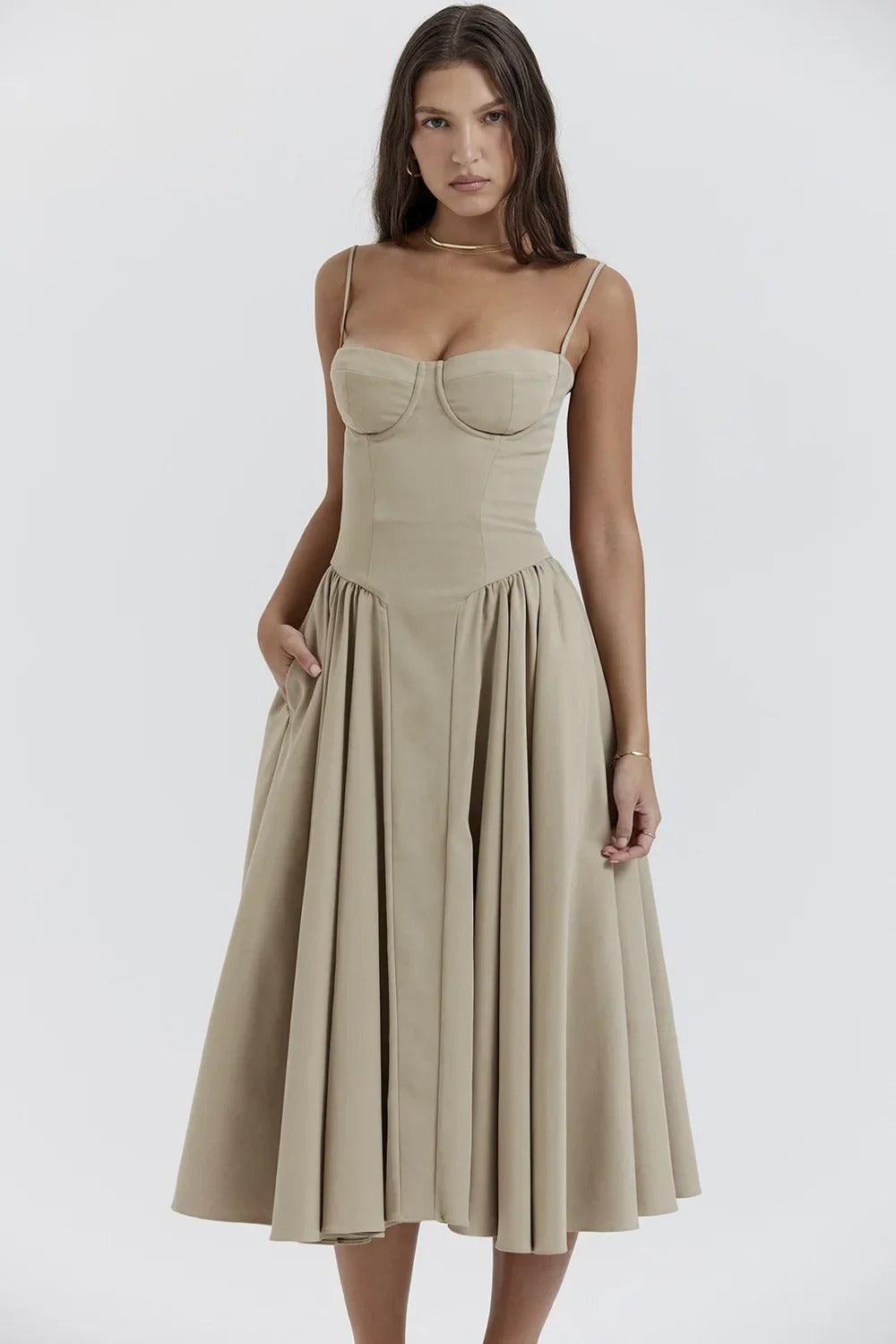 Women's Summer Midi Dress With Strapless Neckline & Pleated Skirt