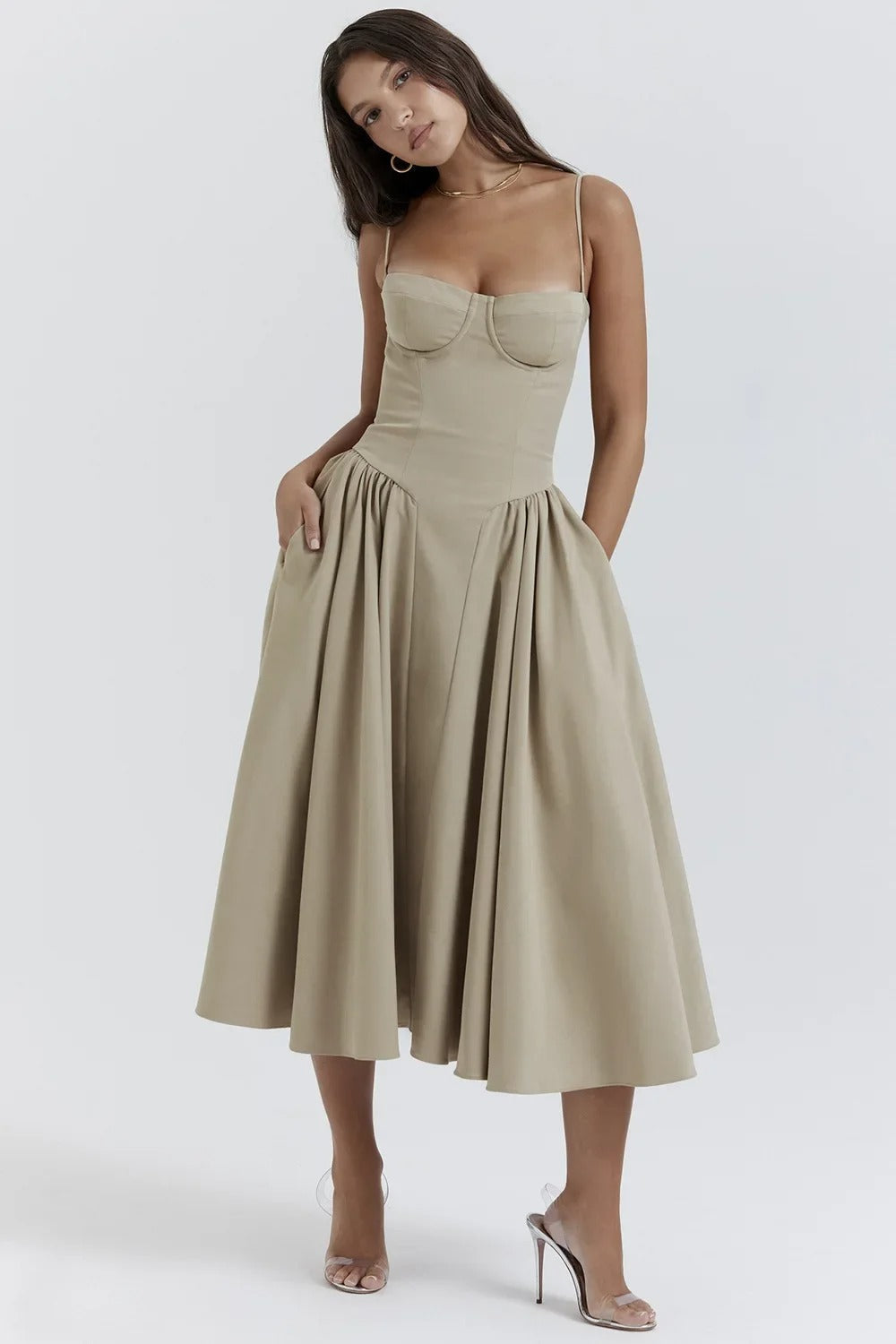 Women's Summer Midi Dress With Strapless Neckline & Pleated Skirt