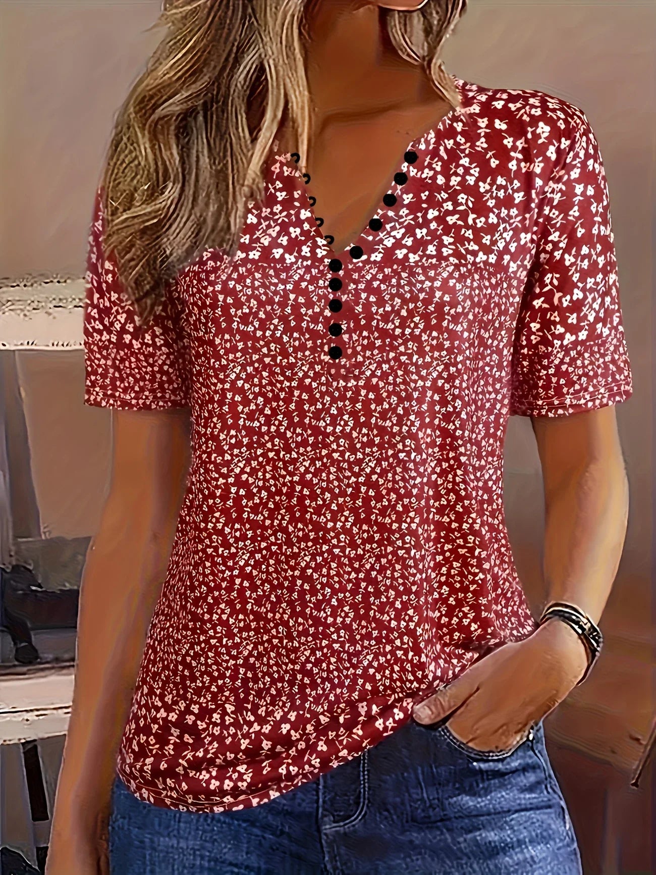 Women's Casual Summer V-neck Blouse With Short Sleeves