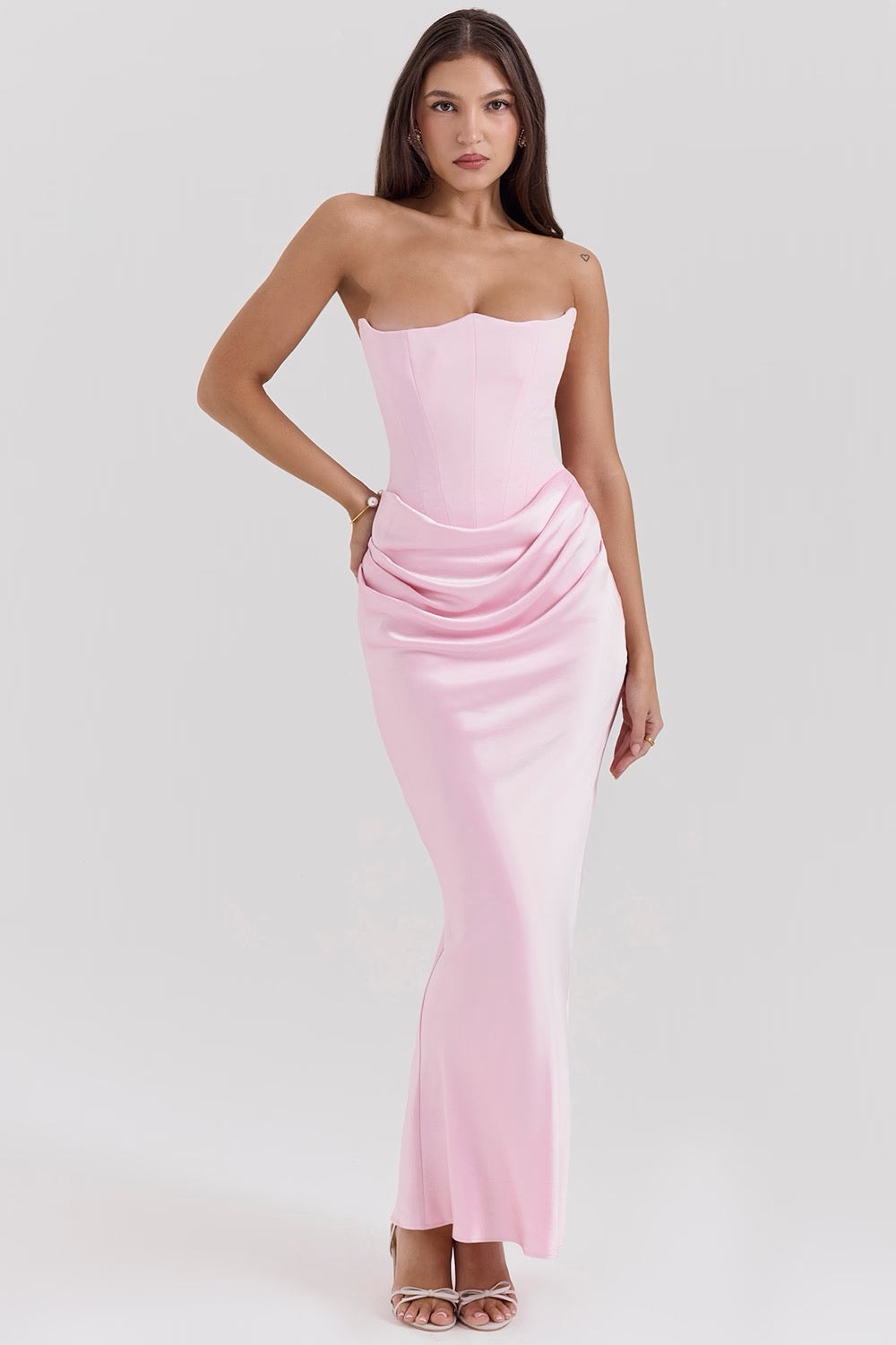 Strapless Corset Satin Wedding Guest Maxi Dress