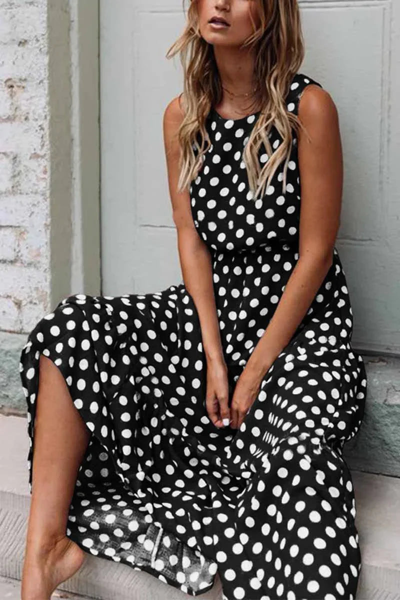 Women's Polka Dot Maxi Dress With Sleeveless Design